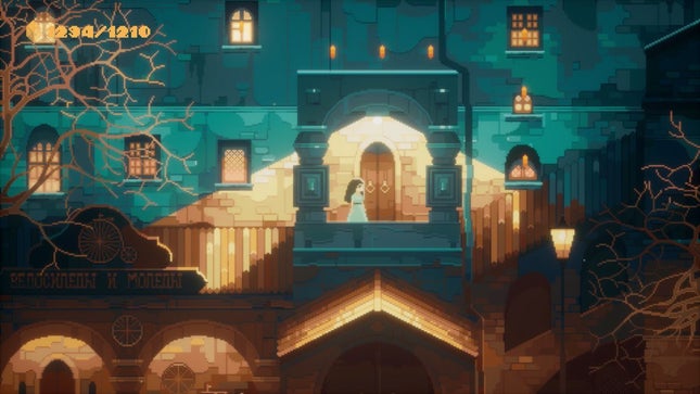 Em estilo pixel art, uma jovem fica em frente a um prédio